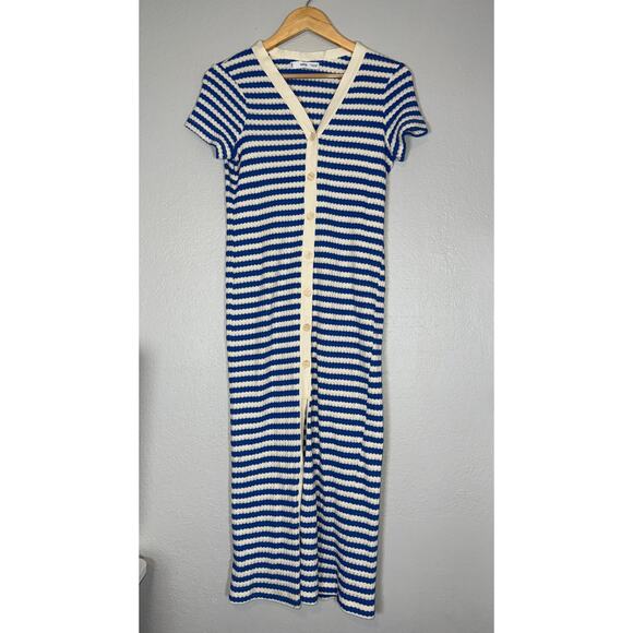 Mango Striped Blue Cream Knit Jersey Midi Dress Womens 2 Nautical Coastal Resort - Picture 2 of 10